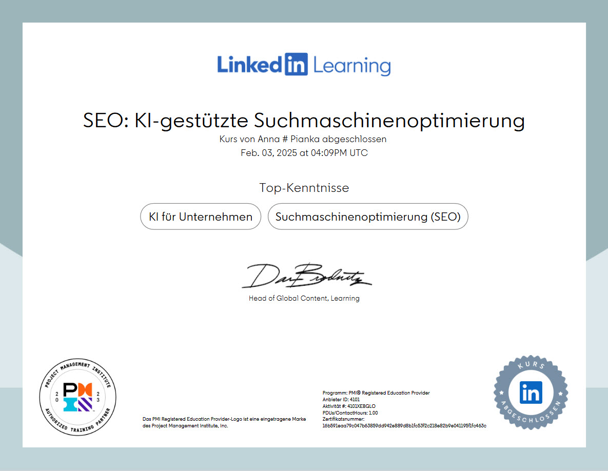 LinkedIn Learning Zertifikat für Anna Pianka: SEO: KI-gestütze Suchmaschinenoptimierung